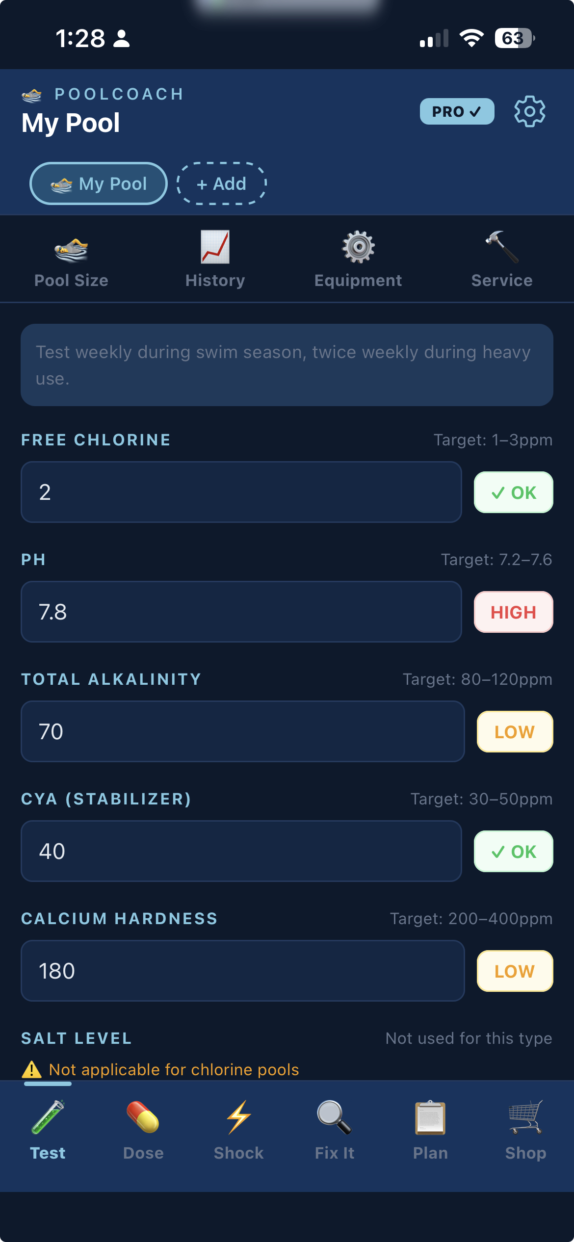 PoolCoach app showing live water chemistry readings